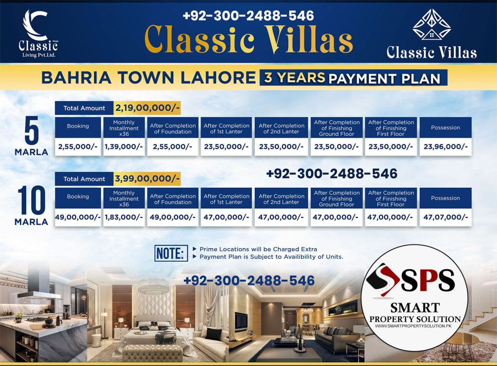 Classic Villas Payment Plan Bahria Town Lahore